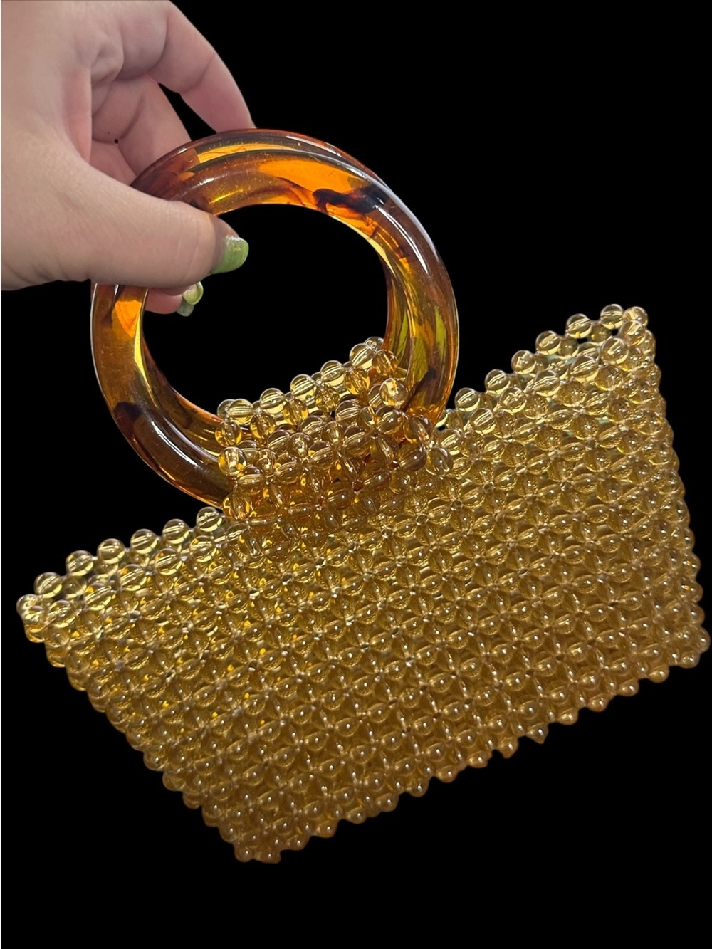 Vintage Amber Beaded Ring-Handle Women's Bag